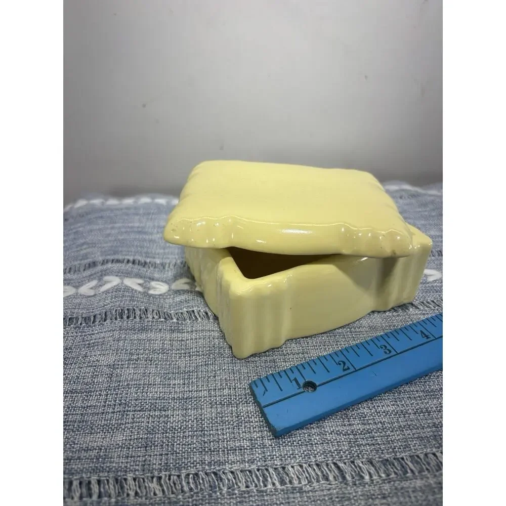 Vintage Yellow Ceramic Pillow Trinket Box Lidded Jewelry Box Retro Decor